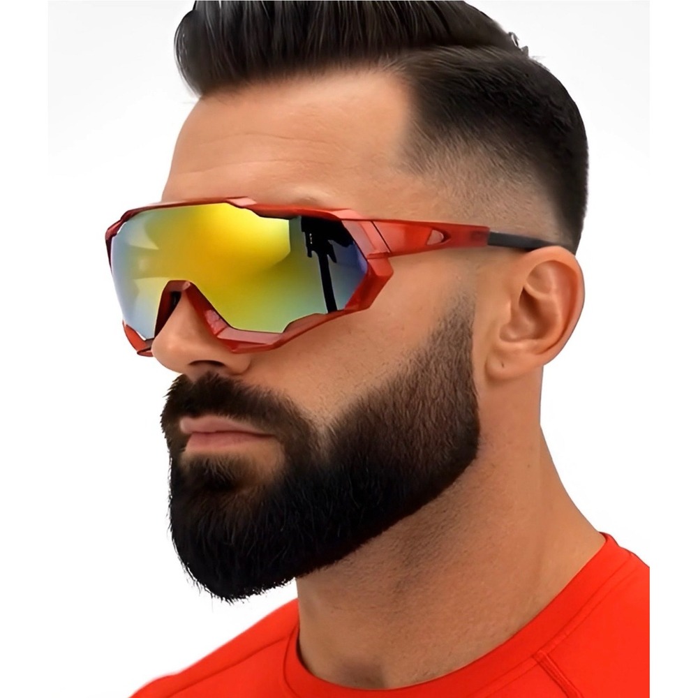 Mens Red Sport Shield Sunglasses Mirrored Lens Cycling Mountain Biking Eyewear